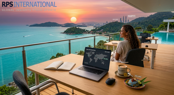 A remote workspace overlooking a scenic coastline, representing the digital nomad lifestyle in 2026.