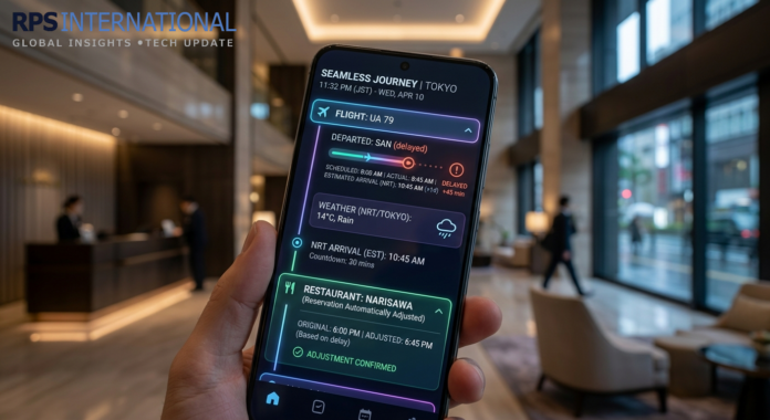 AI Concierge 2026 A mobile AI concierge interface providing real-time travel adjustments and personalized recommendations.