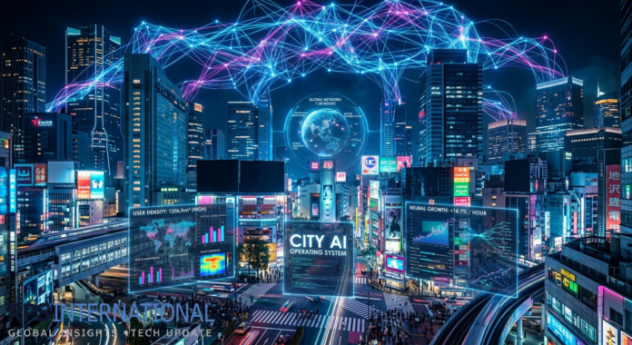 Futuristic visualization of Asian cities as global AI development hubs in 2026.