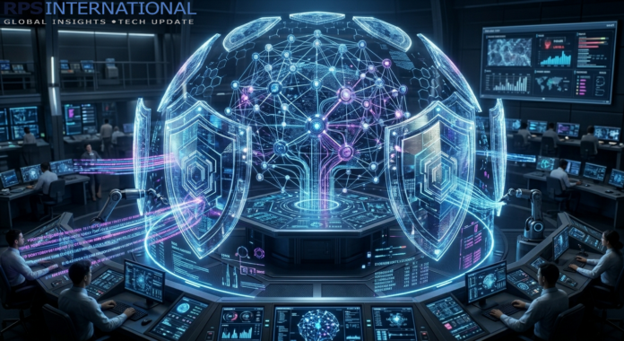 AI-Powered Threat Detection AI-driven security system visualizing and blocking a real-time network intrusion.