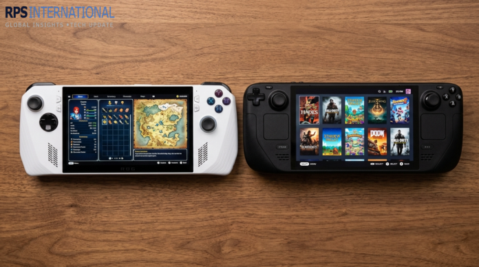 ASUS ROG Ally 2 and Steam Deck OLED comparison shot for 2026 gaming handhelds.