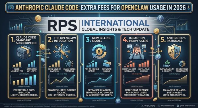A five-panel infographic titled "ANTHROPIC CLAUDE CODE: EXTRA FEES FOR OPENCLAW USAGE IN 2026." The panels detail the shift from fixed monthly fees to a separate pay-as-you-go billing model for heavy OpenClaw users, including growth charts for monthly costs and engineering constraints. Branded with the RPS International logo.