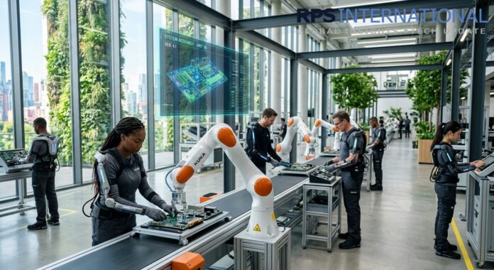 Human technicians and collaborative robotic arms working together in a high-tech modern factory.