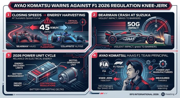 A four-panel infographic illustration analyzing F1 2026 regulations. The panels show closing speeds at Suzuka with a Bearman-Colapinto 45km/h delta, a Bearman 50G crash, a 2026 power unit diagram, and a portrait of Haas Team Principal Ayao Komatsu with linked icons for the FIA and F1 Teams