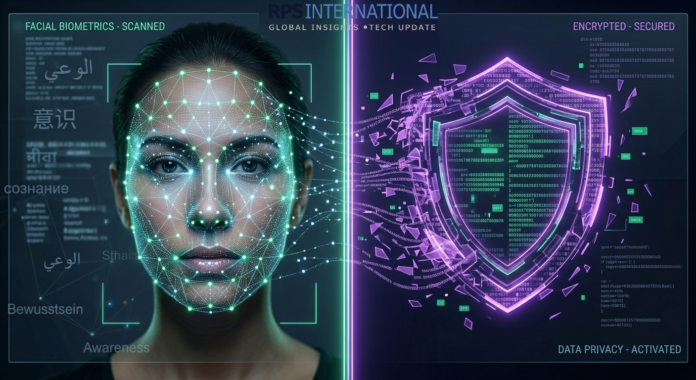 A visual representation of biometric data being encrypted into a privacy-preserving digital identity.