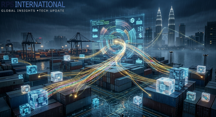 A digital visualization of a blockchain-enabled global supply chain showing real-time financial tracking.
