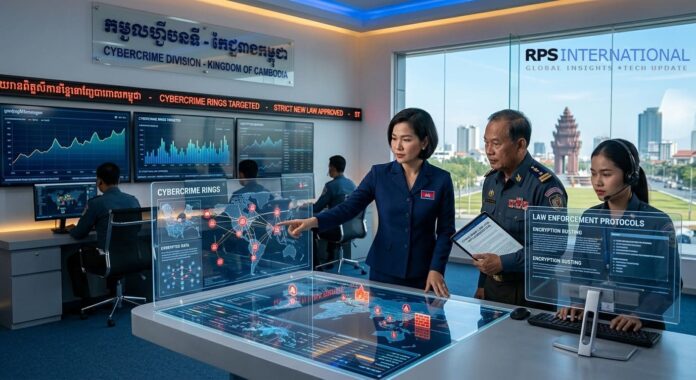 An official cybercrime division office in Cambodia. A female government official and a high-ranking military officer study a glowing digital map of "CYBERCRIME RINGS" on a futuristic glass interface. Outside the window, the Independence Monument in Phnom Penh is visible