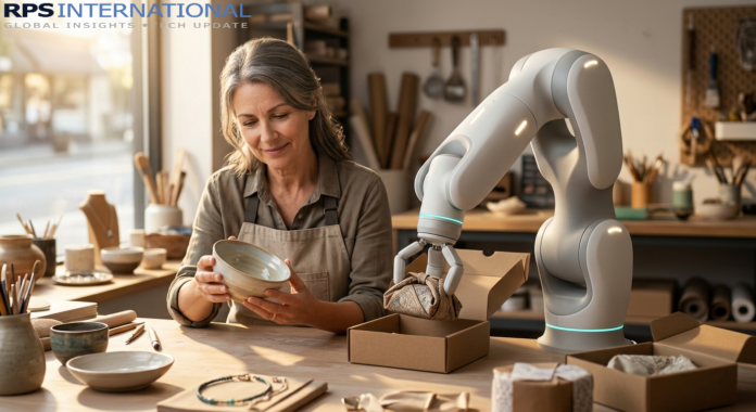 Collaborative Robots (Cobots) A collaborative robot arm assisting a human worker in a small-scale manufacturing environment.