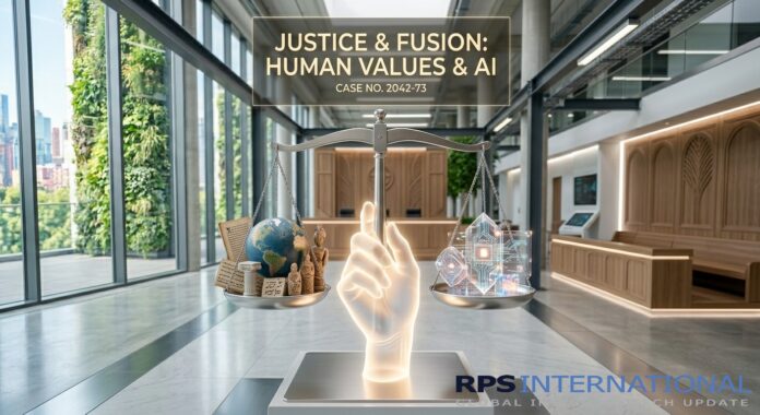 Combating Algorithmic Bias : A symbolic digital scale balancing human cultural icons with high-tech circuitry in a modern setting.