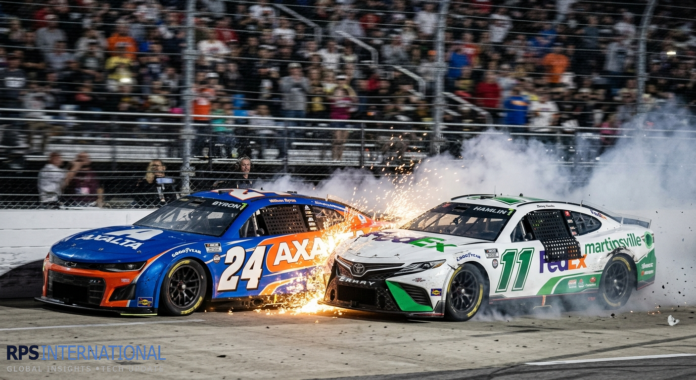Intense battle and contact between stock cars at Martinsville Speedway.