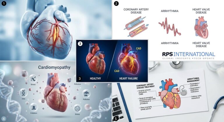 A detailed 3D medical visualization against a clinical blue background, showing a cross-section of a human heart with significant plaque buildup and a blockage inside the coronary artery