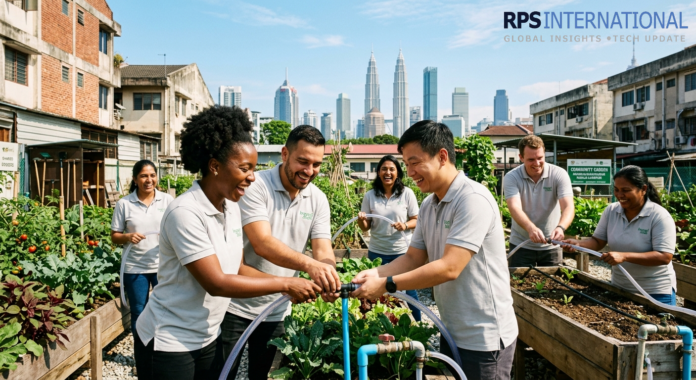 Corporate Volunteering A corporate team participating in a "Social Impact Day" by building a community garden.