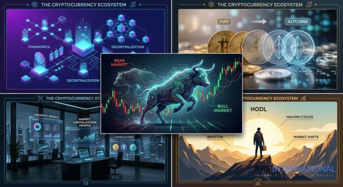Cryptocurrencies Things You Should Know A five-panel professional cryptocurrency infographic collage featuring blockchain nodes, gold coins transitioning to digital tokens, a bull market circuit graphic, a DeFi dashboard, and a HODL investor at sunrise.