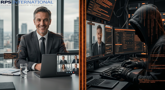 Illustration of a deepfake video call being manipulated by a cybercriminal in real-time.