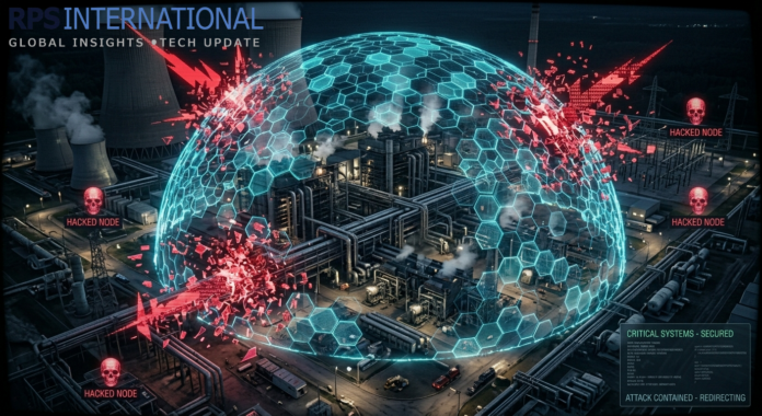 Illustration of a digital defense shield protecting a physical power plant from a cyber attack.