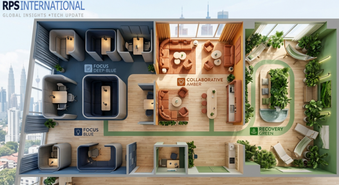 Designing Office Spaces for Different Cognitive Needs A multi-sensory office layout featuring dedicated zones for deep focus, collaboration, and sensory recovery.