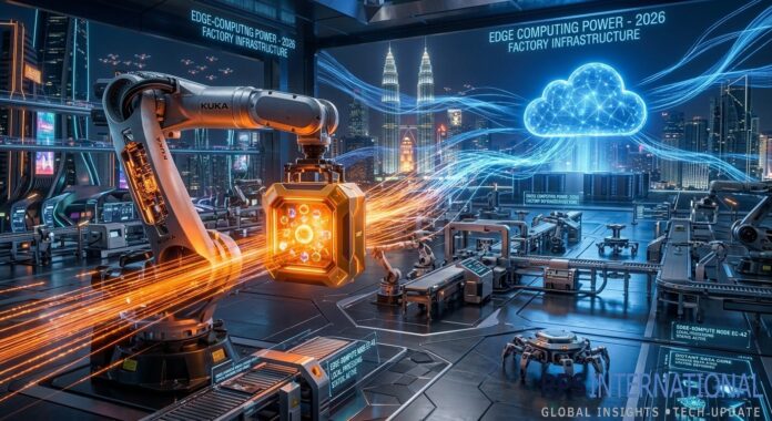 A localized Edge Computing server box attached to a robotic arm in a high-tech factory, illustrating zero-latency data processing.