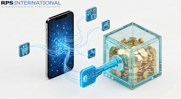 Concept of Open Banking showing a user-controlled digital key unlocking financial data for various applications.