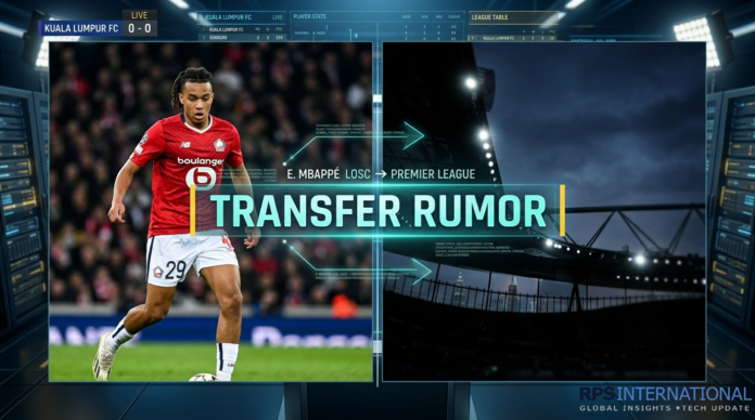 Digital collage featuring Ethan Mbappé and a Premier League stadium silhouette, representing recent transfer rumors.