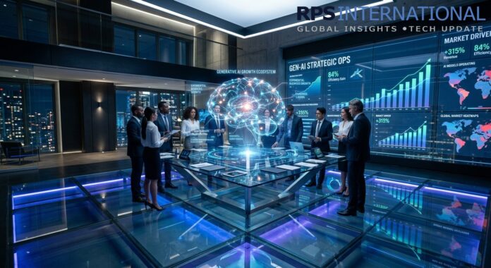 A futuristic business war room with a glowing 3D holographic AI neural network representing growth.