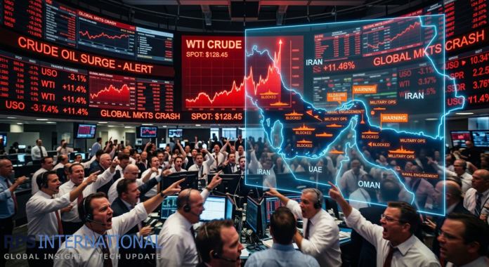 Global Markets Brace for Impact as Hormuz Blockade Threatens One-Fifth of World Oil Supply Financial market tickers showing a spike in oil prices due to the Middle East maritime crisis.