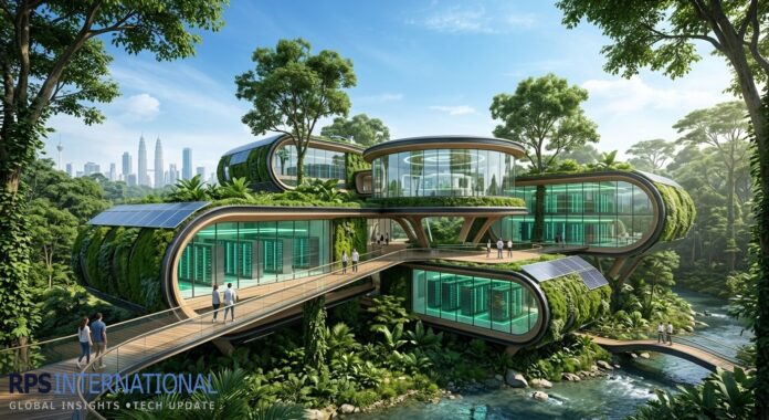 A futuristic sustainable data center with solar panels and vertical moss gardens integrated into a forest