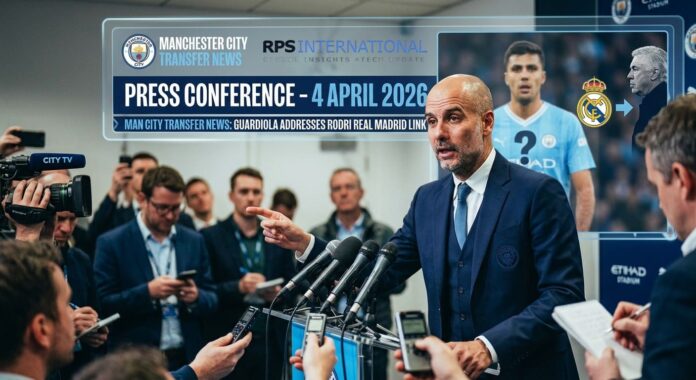 Guardiola on Rodri Real Madrid Link Manchester City manager Pep Guardiola stands at a press conference podium, pointing during a packed media event. He is surrounded by microphones and journalists with digital recorders. A large graphic panel behind him displays "PRESS CONFERENCE - 4 APRIL 2026" and text that reads "ADDRESSES RODRI REAL MADRID LINK," featuring inset photos of Rodri in a City kit and Carlo Ancelotti