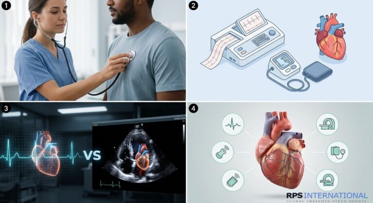 A photo-realistic close-up of a female medical professional in scrubs using a stethoscope to perform a chest checkup on a male patient in a bright clinic