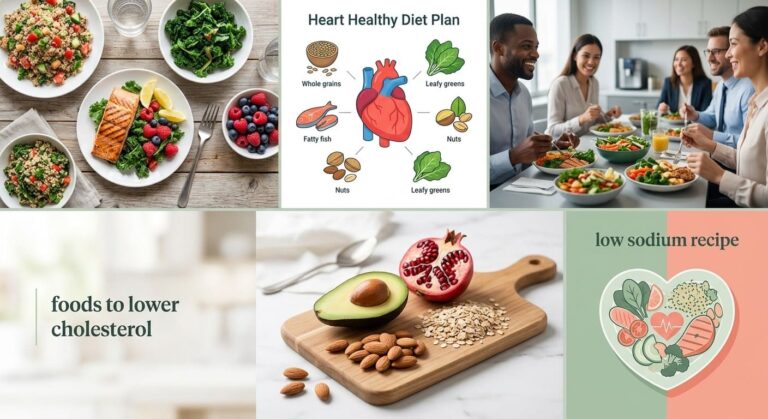 An overhead photo-realistic shot of a diverse heart-healthy lunch spread on a rustic wooden table, featuring grilled salmon, quinoa, kale, and berries.