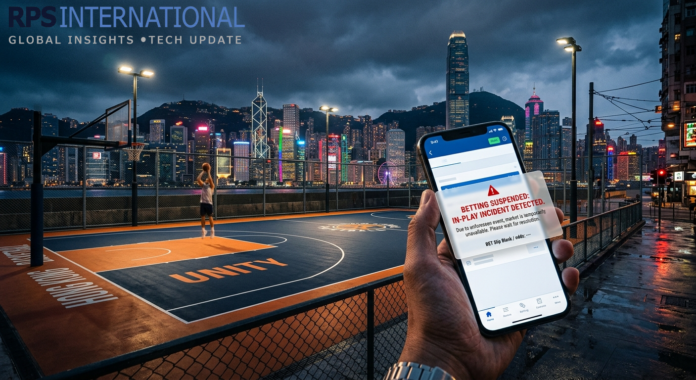 A basketball court in Hong Kong with a smartphone indicating the suspension of betting markets.