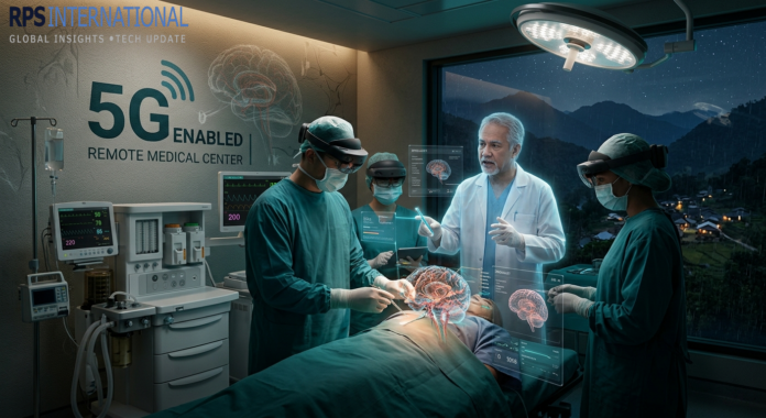 How 5G is Enabling Real-Time Remote Surgery in Rural Areas. A remote surgical team in a rural hospital collaborating with a holographic specialist via 5G