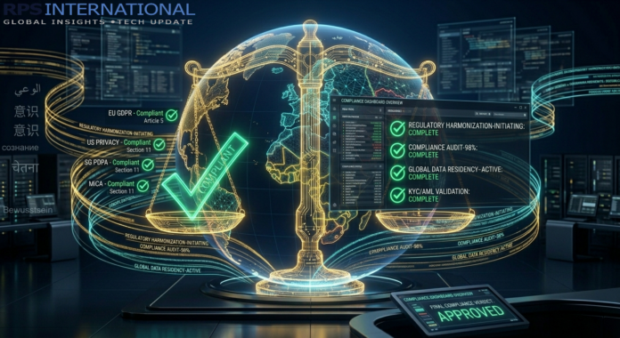 How AI Automates Financial Compliance A digital interface showing AI-driven regulatory technology (RegTech) monitoring financial transactions for compliance.