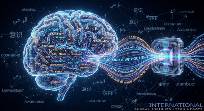 Concept of AI Natural Language Processing showing the bridge between human thought and machine code.