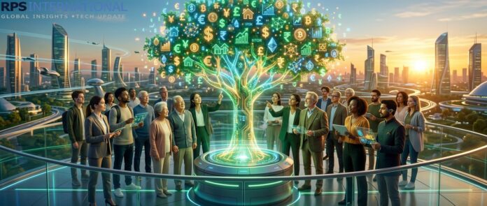 How AI in Fintech is Democratizing Wealth Management A diverse group of people observing a holographic growth chart, representing inclusive wealth management.