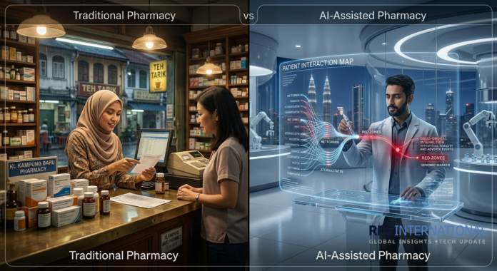 How Algorithms are Optimizing Drug Interactions for Complex Patients A pharmacist using a digital AI interface to map complex drug interactions for a patient.