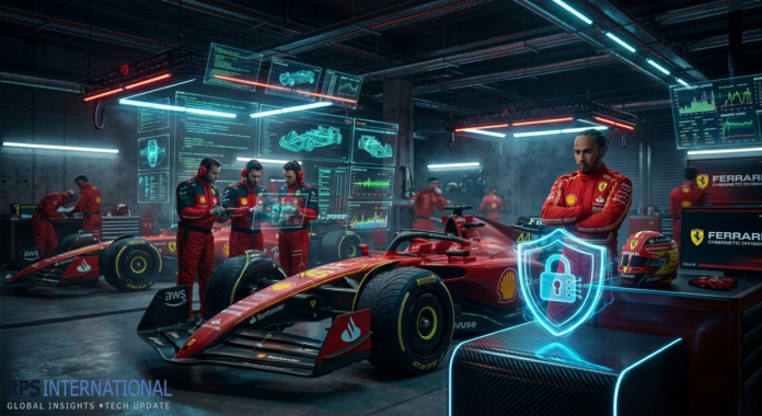 Formula 1 engineers monitoring encrypted telemetry data in a high-tech garage.