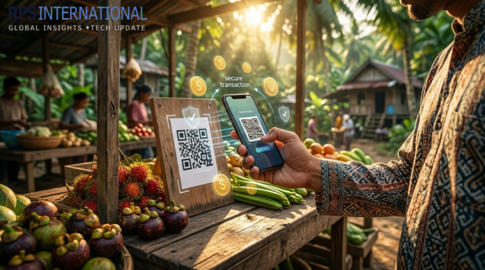 A person in a rural village using a mobile phone to complete a digital payment at a small market stall.