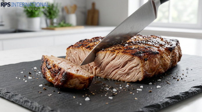 How Lab-Grown Mycelium is Replacing Processed Meat in Global Diets A sliced mycelium-based steak showing fibrous, meat-like internal texture.