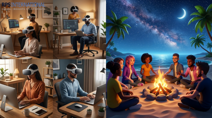 Remote employees using VR headsets for a virtual team-building retreat.
