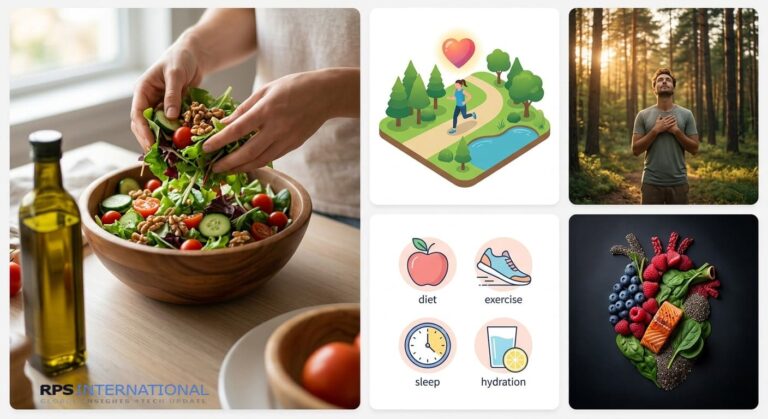 An overhead photo-realistic shot of a person’s hands preparing a Mediterranean salad with walnuts, cherry tomatoes, cucumbers, and olive oil under soft morning light