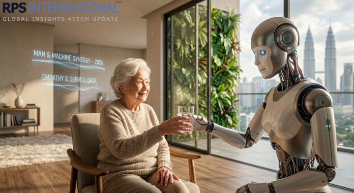 Humanoid Progress A sleek humanoid robot assisting an elderly person, showing a close-up of the mechanical and human interaction.