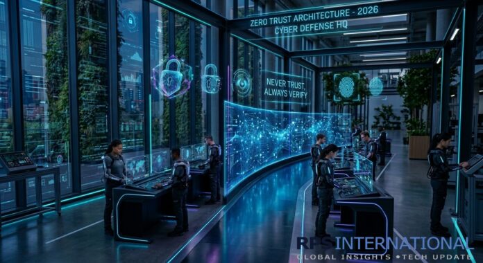 Implementing Zero Trust A futuristic cybersecurity operations center showcasing Zero Trust network architecture and biometric verification.