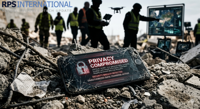 Damaged smartphone in a conflict zone symbolizing digital privacy violations investigated by HRW in 2026.