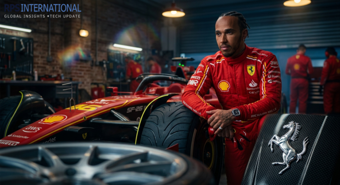 Lewis Hamilton posing with the 2026 Ferrari SF-26 during a private technical showcase.