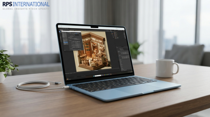 The 13-inch MacBook Air M5 in Sky Blue showcasing its slim profile and high-performance display