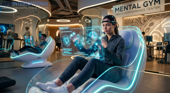 Mental Fitness A person engaging in a cognitive cross-training session at a modern mental fitness center.