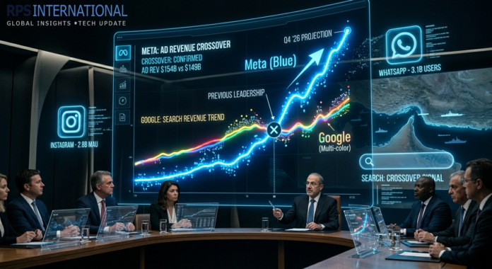 Meta Projected to Surpass Google in Global Ad Revenue for the First Time in 2026 A financial chart showing Meta's advertising revenue overtaking Google's in 2026.