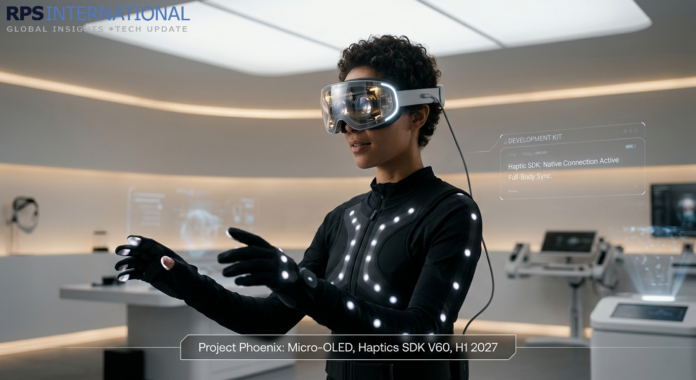 Concept of the Meta Quest 4 featuring advanced body-tracking and haptic suit connectivity.