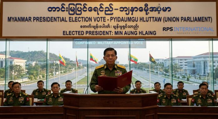Senior General Min Aung Hlaing in military uniform standing at a wooden podium in the Union Parliament (Pyidaungsu Hluttaw) of Myanmar. He is holding a red document during his election as President on April 3, 2026. Behind him, a large banner in Burmese and English reads "ELECTED PRESIDENT: MIN AUNG HLAING." Other high-ranking military officers sit in the background.