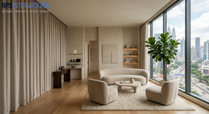A minimalist urban living room designed for sensory reduction and acoustic silence.
